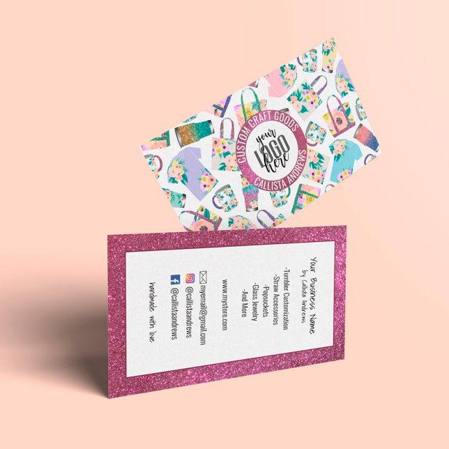 Pink Teal Floral Glitter Etsy Home Crafter Logo Business Card (Creator Uploaded)