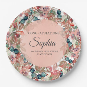Pink Teal Floral Graduation Congratulations Paper Plate