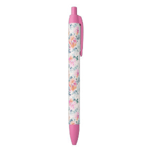 Pink & Teal Floral Pattern Black Ink Pen