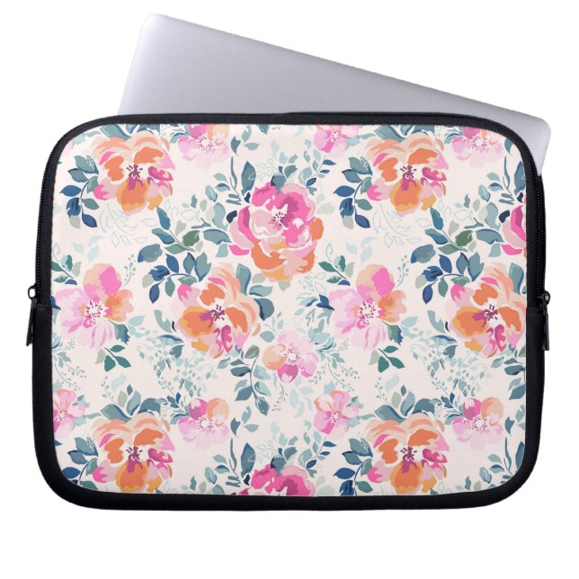Pink & Teal Floral Pattern Laptop Sleeve (Front)