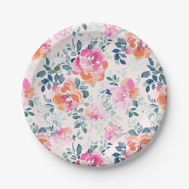 Pink & Teal Floral Pattern Paper Plate (Front)