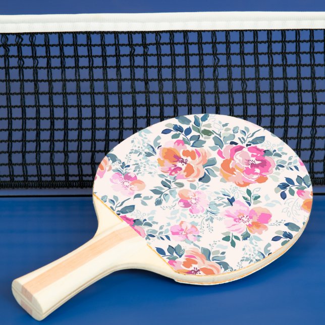 Pink & Teal Floral Pattern Ping Pong Paddle (Insitu)
