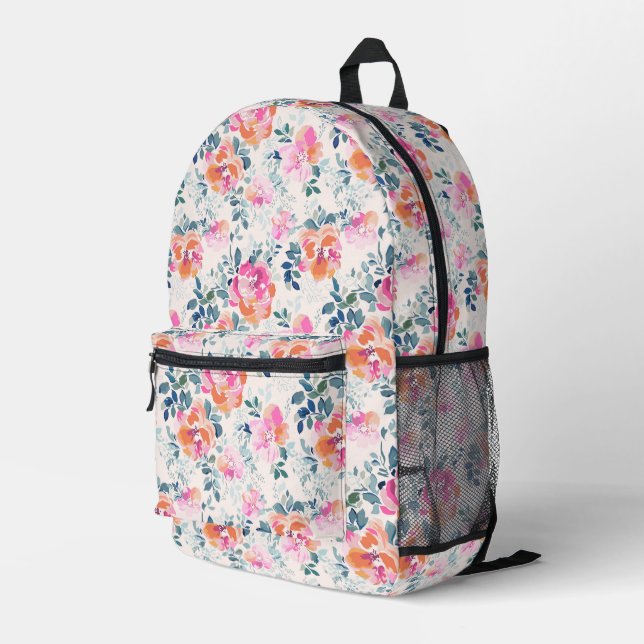 Pink & Teal Floral Pattern Printed Backpack (Back Corner Right)