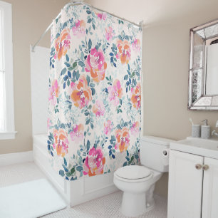 Pink & Teal Floral Pattern Shower Curtain