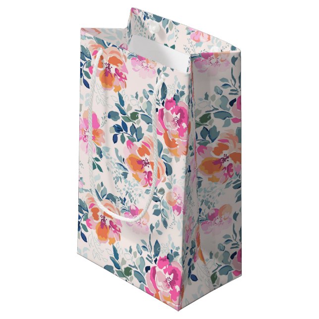 Pink & Teal Floral Pattern Small Gift Bag (Front Angled)