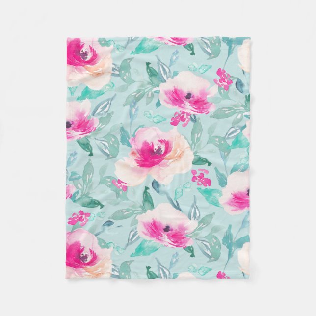 Pink Teal Floral Watercolor Summer Blanket (Front)