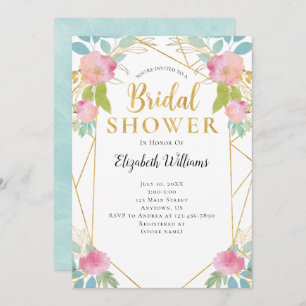 Pink Teal Flowers Geometric Frame Bridal Shower Invitation