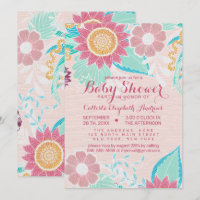 Pink Teal Flowers Leaves Oil Painted Baby Shower