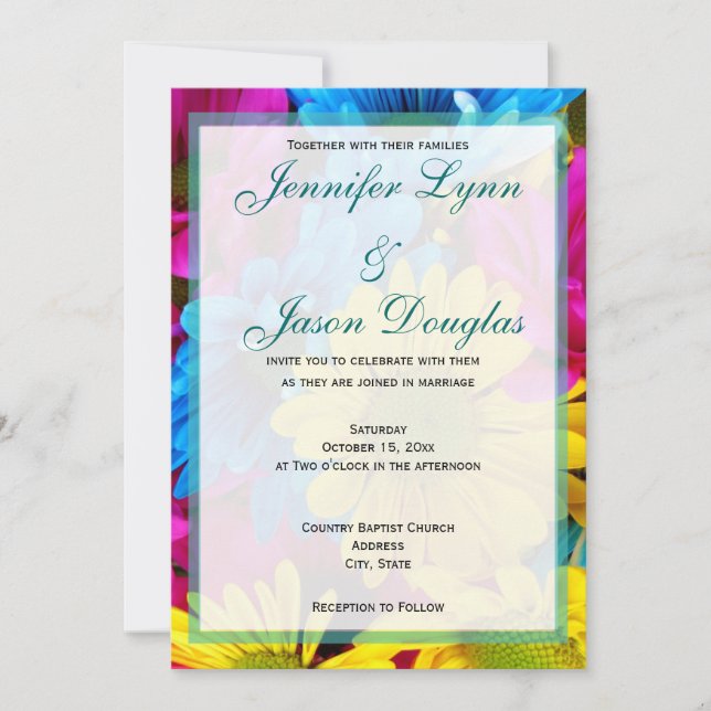 Pink Teal Gerber Daisy Flowers Wedding Invitations (Front)