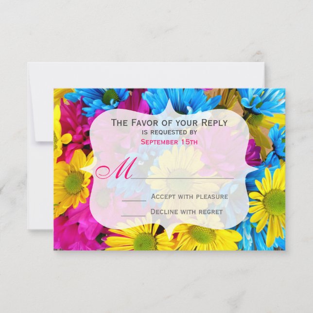 Pink Teal Gerber Daisy Flowers Wedding RSVP (Front)