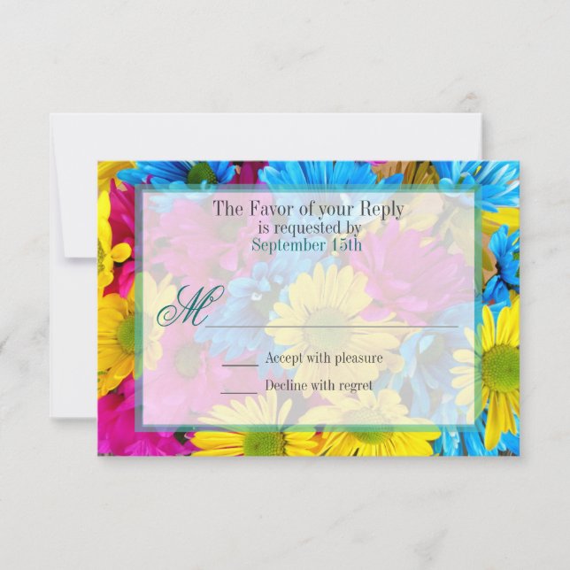 Pink Teal Gerber Daisy Flowers Wedding RSVP Card (Front)
