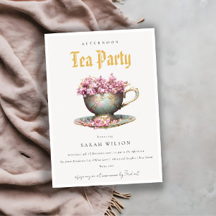 Pink Teal Gold Floral Teacup Afternoon Tea Party Invitation