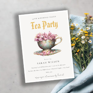 Pink Teal Gold Floral Teacup Birthday Tea Party Invitation