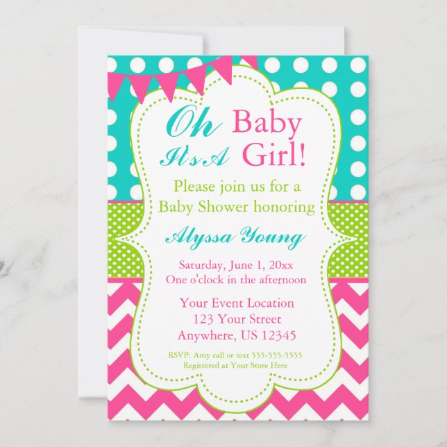 Pink Teal Green Baby Shower Invite (Front)
