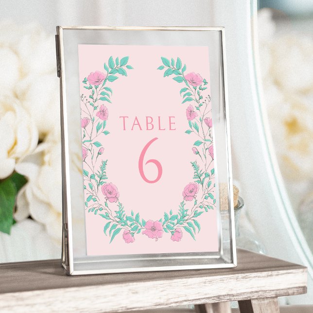 Pink teal green floral wreath bohemian wedding invitation (Creator Uploaded)