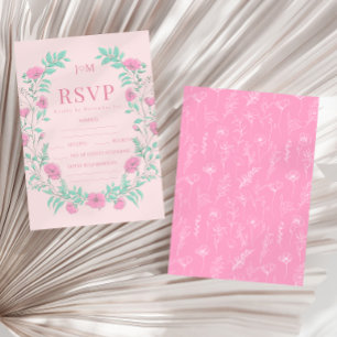 Pink teal green floral wreath bohemian wedding RSVP card