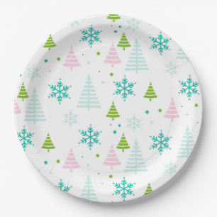 Pink Teal Green Trees Modern Christmas  Paper Plate
