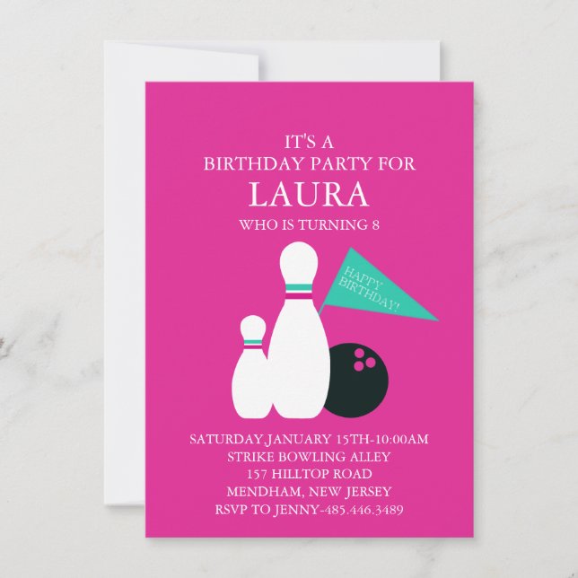 Pink & Teal Kids Bowling Party Birthday Invitation (Front)