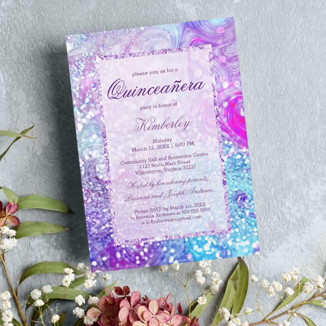 Pink teal lavender marble glitter Quinceañera  Invitation (Pink teal lavender marble glitter Quinceañera Invitation)