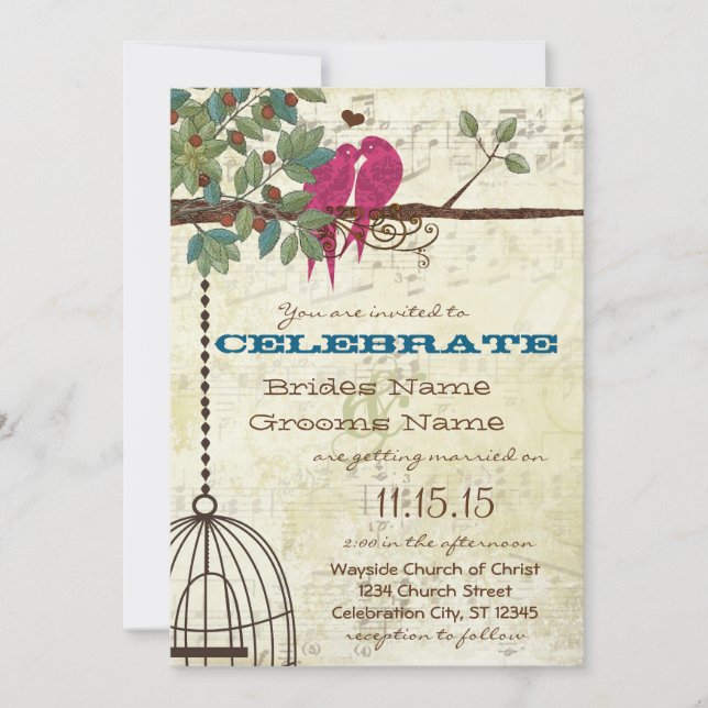 Pink Teal Love Birds Sitting In A Tree Wedding Invitation (Front)