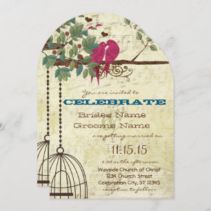Pink Teal Love Birds Sitting In A Tree Wedding Invitation