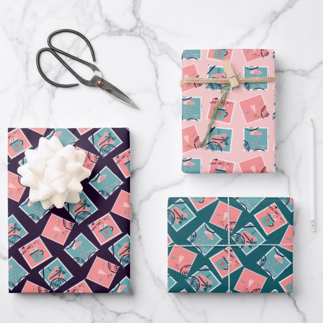 Pink & Teal Love Postage Stamps Wrapping Paper Sheet (Front)