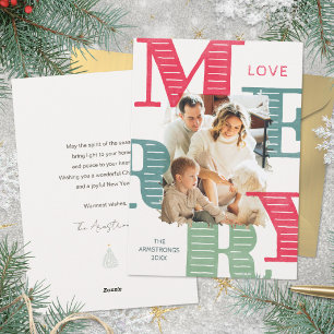 Pink Teal Modern Typography One Photo Christmas Holiday Card