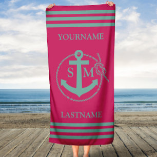 Pink Teal Nautical Anchor Monogram Beach Towel