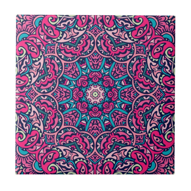 Pink, Teal & Navy Vibrant Boho Mandala Tile (Front)