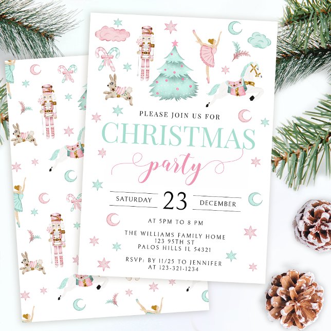 Pink teal nutcracker ballet candy Christmas party  Holiday Card (Creator Uploaded)