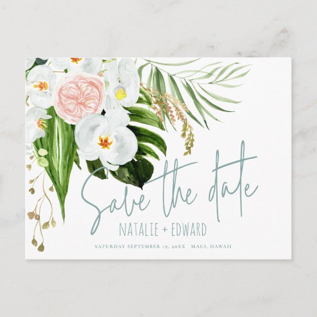 Pink, teal + orchid tropical floral save the date announcement postcard (Front)