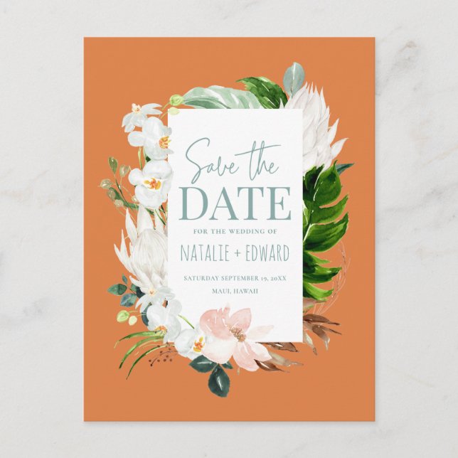 Pink, teal + orchid tropical floral save the date announcement postcard (Front)