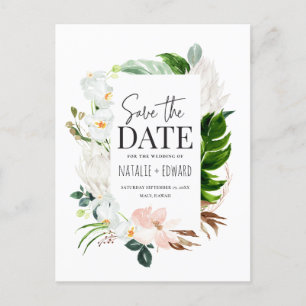 Pink, teal + orchid tropical floral save the date announcement postcard