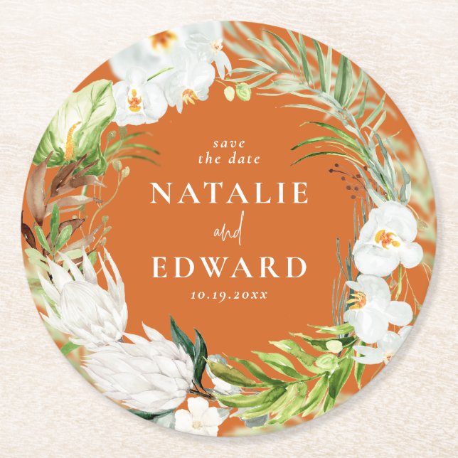 Pink, teal + orchid tropical floral save the date round paper coaster (Front)