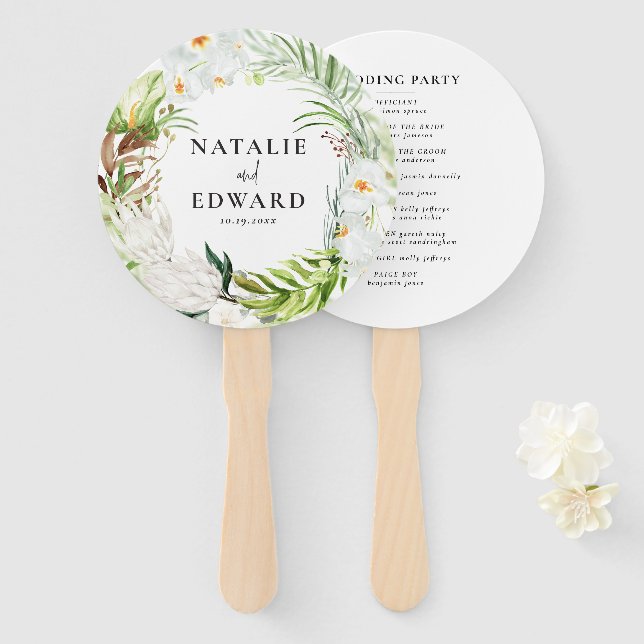 Pink, teal + orchid tropical floral wedding hand fan (Front and Back)