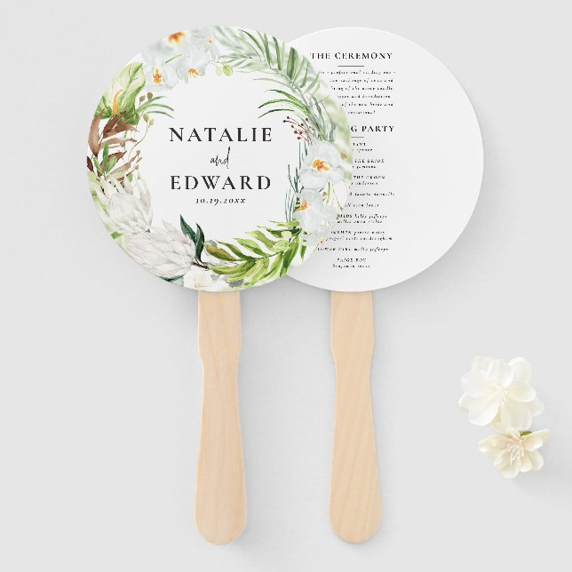 Pink, teal + orchid tropical floral wedding hand fan (Front and Back)