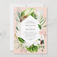 Pink, teal + orchid tropical floral wedding invite
