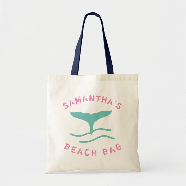 Pink & Teal Personalised Whale's Tail Beach Tote Bag (Front)