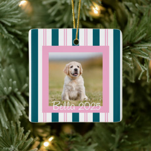 Pink Teal Pet Photo with Name Ceramic Ornament