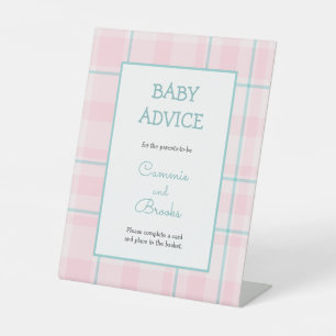 Pink Teal plaid baby advice table sign