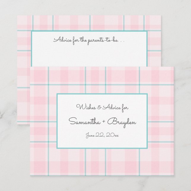 Pink Teal Plaid Baby Shower Advice Cards (Front/Back)