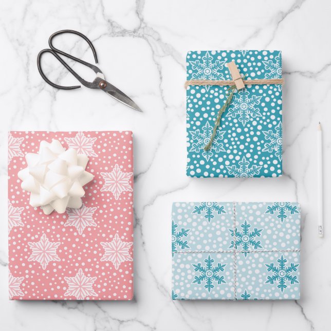 Pink Teal Polka Dots Snowflakes Christmas Wrapping Paper Sheet (Front)
