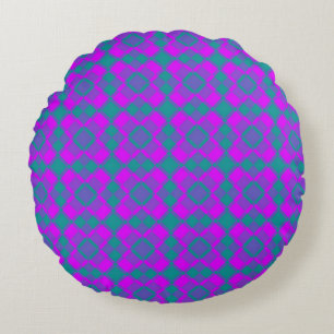 Pink Teal Purple Checker Argyle Pattern Round Cushion
