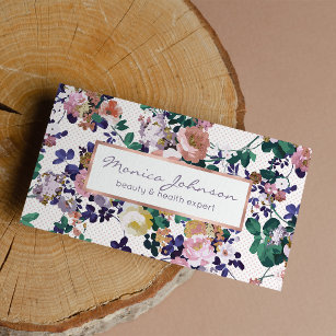 Pink teal purple gold polka dots floral  business card