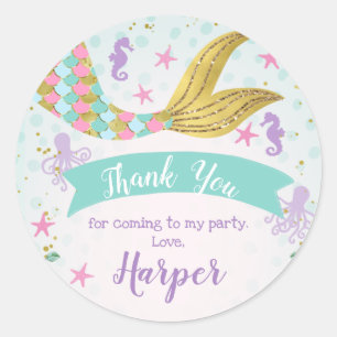 Pink Teal Purple Mermaid Birthday Favor Sticker