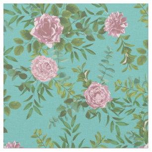 Pink Teal Roses Floral Flowers Fabric
