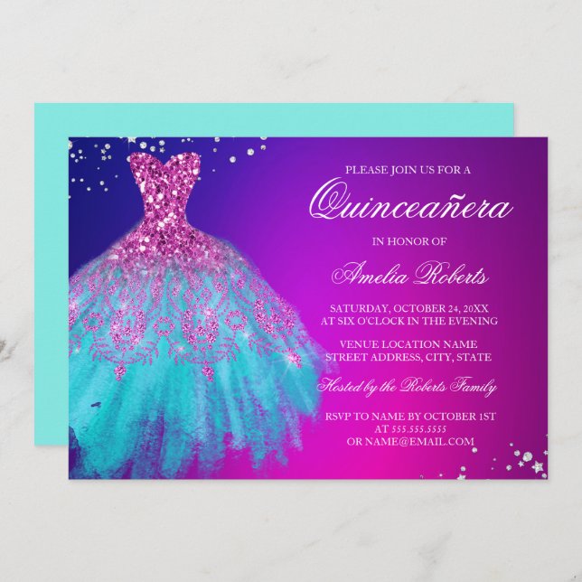 Pink Teal Sparkle Dress Quinceanera Invitation (Front/Back)