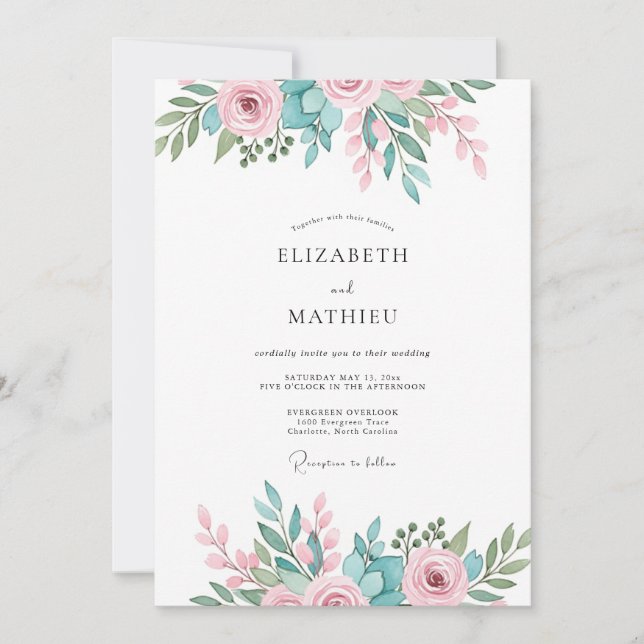 Pink Teal Splendid Spring Wedding Invitation (Front)