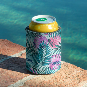 Pink & Teal Tropical Palm & Monstera Leaves Can Cooler
