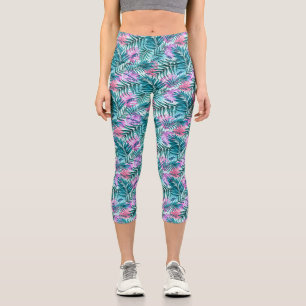 Pink & Teal Tropical Palm & Monstera Leaves Capri Leggings